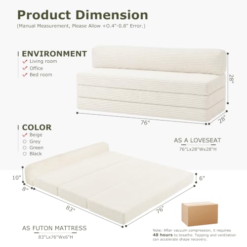 Convertible Sofa Bed, Boneless Loveseat with Removable Cushions & Washable Cover, Futon Sofa Bed with Handle, Pull Out Couch for Living Room, King Size, Beige - color: Beige, size: King Size-83''L*76''W