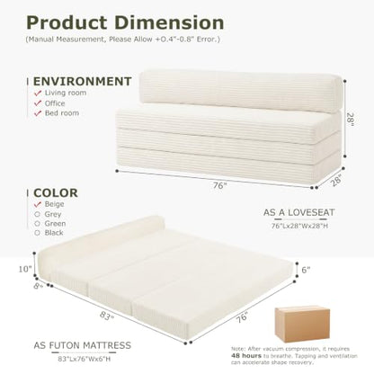 Convertible Sofa Bed, Boneless Loveseat with Removable Cushions & Washable Cover, Futon Sofa Bed with Handle, Pull Out Couch for Living Room, King Size, Beige - color: Beige, size: King Size-83''L*76''W