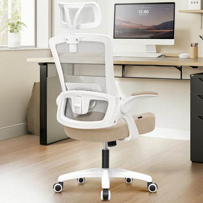 NEO CHAIR Office Desk Chair with Ergonomic High Back Mesh Headrest, Beige | Adjustable Headrest and Lumbar Support with Flip-Up Armrests Designed for Extended Sitting Comfort While Saving Space - color: Beige