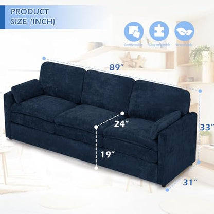 3 Pieces Chenille Sofa Set w/Two Arm Pillows, Blue | Upholstered 2 Pieces Loveseat & 3-Seater Sofa w/Soft Cushions, Modern 2-Seat & 3-Seat w/High-Density Foam for Living Room - color: Blue, size: 69" & 69" & 89" Sofa Set