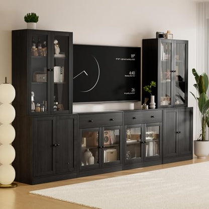 TUSY 71" TV Stand Storage Set - 2 Tall Bookcases & 2 Side Cabinets, Media Console with Glass & Wood Doors, Entertainment Center with Drawers, Tall Media Console for Living Room (Black, AFFA) - color: Black