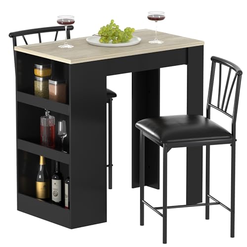 VECELO Small Bar Table and Chairs Tall Kitchen Breakfast Nook with Stools/Dining Set for 2, Storage Shelves, Space-Saving, Gray - color: Grey