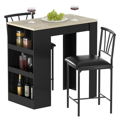 VECELO Small Bar Table and Chairs Tall Kitchen Breakfast Nook with Stools/Dining Set for 2, Storage Shelves, Space-Saving, Gray - color: Grey
