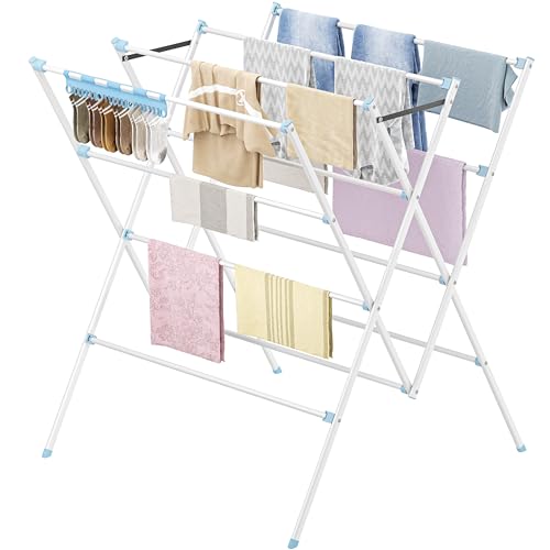Drying Rack Clothing,12 Drying Poles with Sock Clips Clothes Drying Rack | Foldable Portable Laundry Drying Rack for Air Drying Clothing,Towels,Delicate Eac,Indoor Outdoor Use.White&Blue - color: White&blue