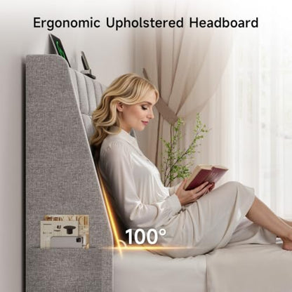 Ergonomic Upholstered Headboard Queen Size w/Charging Station, Linen Wingback Headboards w/Storage Pocket, Queen Headboard Only, Bed Frame Adapters, Sturdy Stable Solid Wood Bed Head Board, Light Grey - color: Gray, size: Queen