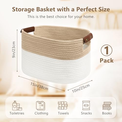 ECDYQXVU 15x10x9 Woven Cotton Rope Storage Basket, Leather Handles 1 Pack | Foldable Design, Sturdy PU Handles, Easy to Clean Organizer for Living Room, Closet, Shelves, Bedroom, Laundry, Clothes - color: White/Beige-1Pack, size: 1 Pack
