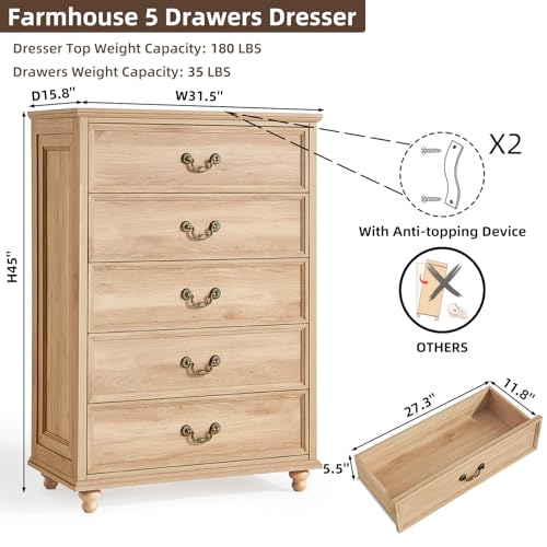 Joaxswe Farmhouse 5 Drawer Dresser for Bedroom, 45" Tall Vinatge Chests of Drawers w/ 4 Solid Gourd Feet, Mid Century Modern Boho Wood Closet Storage Dressers Organizer for Living Room, Natural Oak - color: Natural, size: 15.7"D x 31.5"W x 44.9"H (5 Drawe