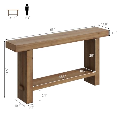 63" Solid Wood Console Table with Thickened Tabletop and Legs | Long Farmhouse Entryway Table, Narrow Behind Couch Skinny Rustic Sofa Table, for Living Room, Hallway, Entry