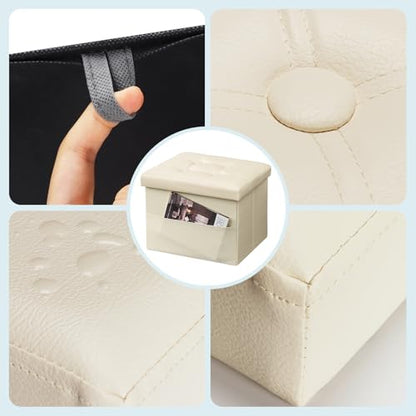 Bsketa Storage Ottoman Bench,16 Inch Folding Leather Foot Rest Stool, Beige | Small Ottoman with Side Pockets, Thicker Foam Padded Seat, Livingroom, Dorm, Bedroom, Easy to install, 38L, 16x12x12in - color: Beige-with Side Pockets.