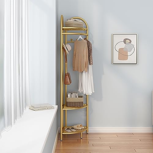 Metal Corner Coat Racks, Gold Clothing Racks Hall Tree, Freestanding Garment Rack with Hooks and Storage Shelf for Hallway, Entryway, Bedroom, Living Room, Office(Gold)