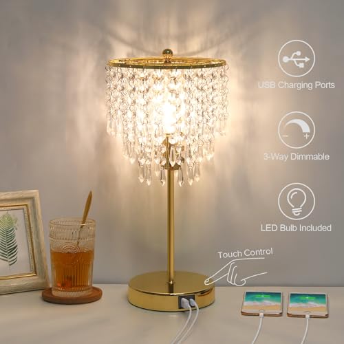 Crystal Table Lamp with USB C+A Ports, 3-Way Dimmable Touch Lamp, Gold Lamp | Bedside Lamp with Crystal Shade, Nightstand Lamp for Bedroom, Teens Room, Living Room, Dresser, B11 LED Bulb Included - color: Gold