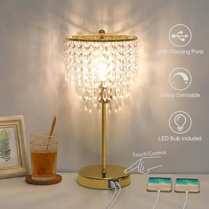 Crystal Table Lamp with USB C+A Ports, 3-Way Dimmable Touch Lamp, Gold Lamp | Bedside Lamp with Crystal Shade, Nightstand Lamp for Bedroom, Teens Room, Living Room, Dresser, B11 LED Bulb Included - color: Gold
