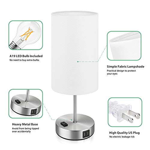Set of 2 Touch Control Table Lamps with 2 USB Charging Ports&AC Outlet, 3-Way Dimmable Bedside Nightstand Lamps with White Fabric Lampshade for Reading, Bedroom, Living Room, A19 LED Bulbs Included - color: White