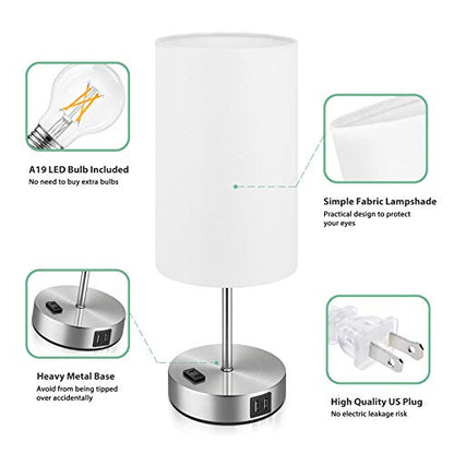 Set of 2 Touch Control Table Lamps with 2 USB Charging Ports&AC Outlet, 3-Way Dimmable Bedside Nightstand Lamps with White Fabric Lampshade for Reading, Bedroom, Living Room, A19 LED Bulbs Included - color: White