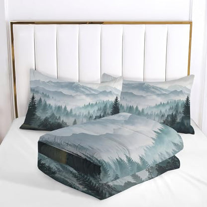 Duvet Cover,Microfiber Reversible Mist-shrouded tranquil forest California King Duvet Cover Set with Zipper Closure,3 Pieces Soft & Breathable Snow Mountain Range Bedding Set with 2 Pillow Shams - size: California King（104 x 98 in）