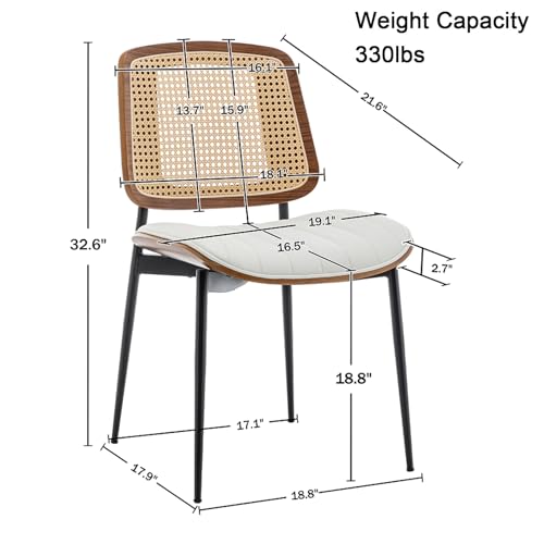 LUNLING Dining Chairs Set of 2 Mid Century Modern Retro Faux Leather Kitchen Chairs with Walnut Bentwood Upholstered Seat Metal Legs Adjustable Foot for Kitchen Dining Room Chairs(White-Rattan Back) - color: White, size: Set of 2