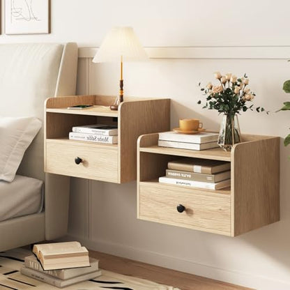 Floating Nightstand Set of 2 Modern Night Stands with Drawer and Open Shelf | Cubby Small Bedside End Table with Charging Station Wall Mounted Nightstands Set 2 for Bedroom Natural - color: Natural