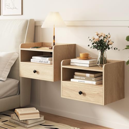 Floating Nightstand Set of 2 Modern Night Stands with Drawer and Open Shelf | Cubby Small Bedside End Table with Charging Station Wall Mounted Nightstands Set 2 for Bedroom Natural - color: Natural