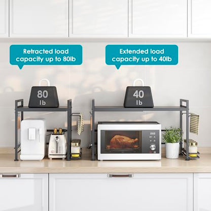 DOLALIKE Microwave Oven Rack, Expandable Microwave Stand Countertop Kitchen Utensils Tableware Storage, Carbon Steel Over Microwave Shelf Countertop with 6 Hooks | Adjustable Microwave Oven Rack Metal Storage Shelf for Pans Small Appliances Kitchen Utensi