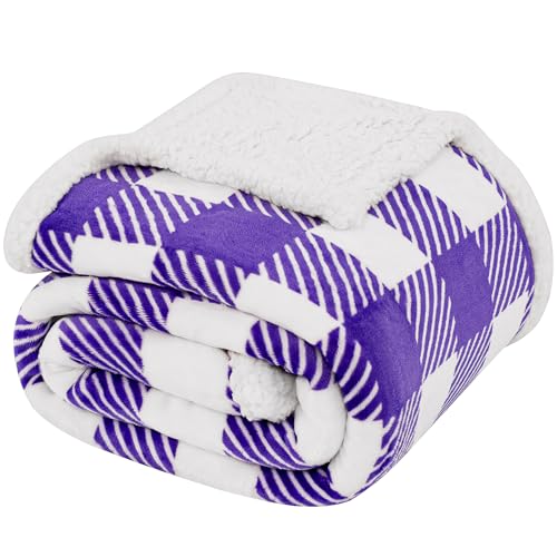 Sherpa Plaid Twin Blanket 60" X 70", Fuzzy Fluffy Soft Cozy Throw Blanket, Twin Size Plush Fleece Flannel Plush Microfiber Blanket for Couch Bed Sofa (PurpleWhite) - color: Purplewhite