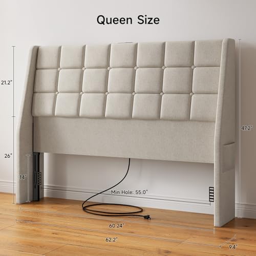 Ergonomic Upholstered Headboard Queen Size w/Charging Station, Linen Wingback Headboards w/Storage Pocket, Queen Headboard Only, Bed Frame Adapters, Sturdy Stable Solid Wood Bed Head Board, Beige - color: White Beige, size: Queen