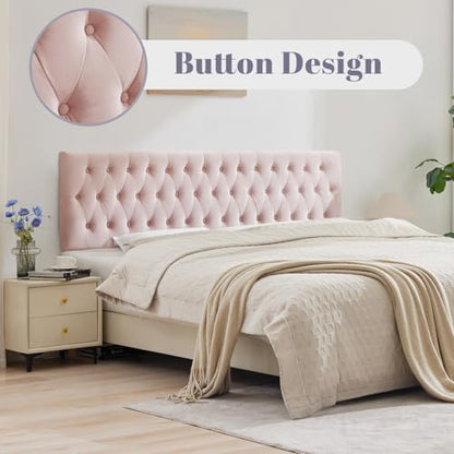 Tufted Upholstered King Size Bed Headboard in Modern Button Design, Adjustable Solid Wood Head Board, Premium Velvet Fabric Padded Headboards in Bedroom (Pink) - color: Pink, size: King