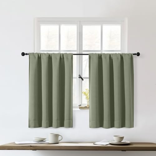 Sally Sage Green Blackout Kitchen Curtains 36 Inch Length 2 Panels Set, Half Small Window Rod Pocket Room Darkening Curtains Tiers for Kitchen Bathroom, 2 Pcs Each W40 x L36 Inch, Sage Green - color: Sage Green, size: 40"W x 36"L (Pack of 2)