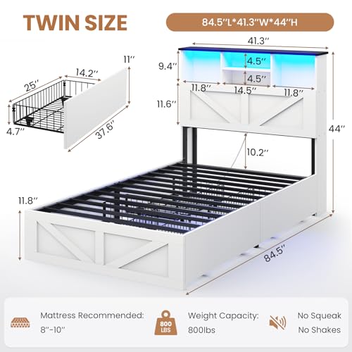 Farmhouse Bed Frame Twin Size with Bookcase Storage Headboard, Charging Station and LED Lights, Wooden Twin Bed Frames with 4 Drawers, Barn Door Design, No Box Spring Needed, No Noise, White - color: White, size: Twin