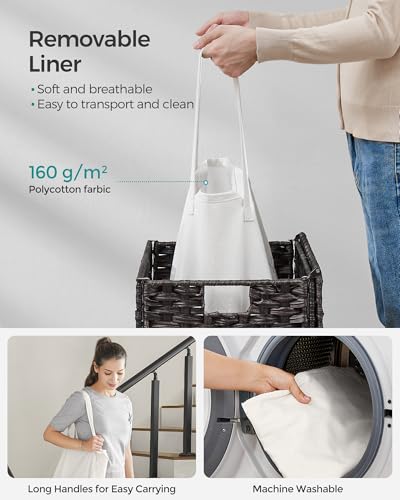 SONGMICS Laundry Hamper with Lid, 23.8 Gallon (90 L) Synthetic Rattan Clothes Laundry Basket with Lid and Handles, Foldable, Removable Liner, Black ULCB51BK - color: Black, size: 90 L