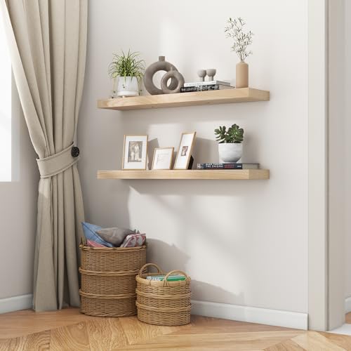 fuqing 36 Inch Floating Shelves 6.7'' Deep Natural Wood Shelves Set of 2 | 36'' x 6.7'' x 1.4'' Natural Wood Shelves for Bathroom Living Room, 40LBS, Lightweight, Hardware Included, Waterproof Finish - color: Natural, size: 36 Inch