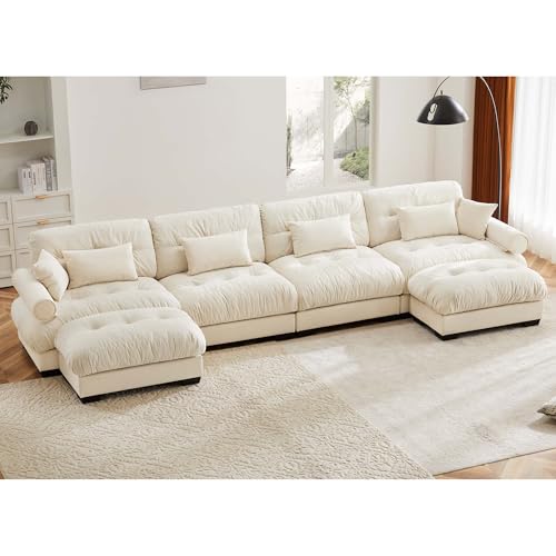 166" Modular Sectional Sofa,Velvet Upholstered Couches for Living Room,4 Seater Beige Sofa Couch with Movable Ottoman,Big Comfy Cloud Couch with Deep Seats for Living Room,Apartment,Bedroom - color: Beige, size: 4-Seat & 2-Ottoman