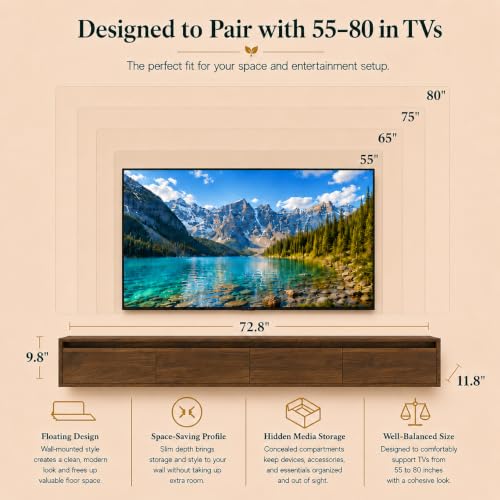 Brown Floating TV Stand Wall Mounted, 72.8" Media Console | Fits Up to 80* TV, Brown finish, midcentury modern tv stand. - color: Brown-c