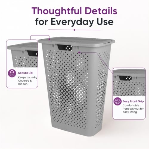 Superio 45L Slim Laundry Hamper with Lid, Perforated Plastic Clothes Basket, Modern Space-Saving Design, Sturdy Laundry Bin with Ergonomic Handles, Grey - color: Grey, size: 1 Pack, style: Laundry Hamper - 45L