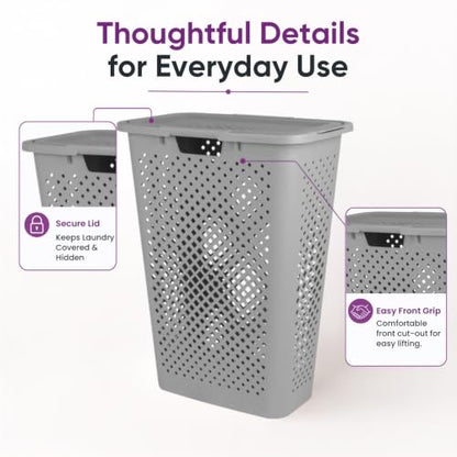 Superio 45L Slim Laundry Hamper with Lid, Perforated Plastic Clothes Basket, Modern Space-Saving Design, Sturdy Laundry Bin with Ergonomic Handles, Grey - color: Grey, size: 1 Pack, style: Laundry Hamper - 45L