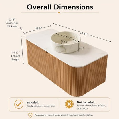 36" Floating Bathroom Vanity with Sink, Wall Mounted Plywood Cabinet, Natural Wood Grain Fluted Front, Sintered Stone Countertop, White Marble-Look Ceramic Vessel Sink, Soft-Close Drawer - color: Natural Oak Cabinet / White Marble Sink, size: 36 Inch