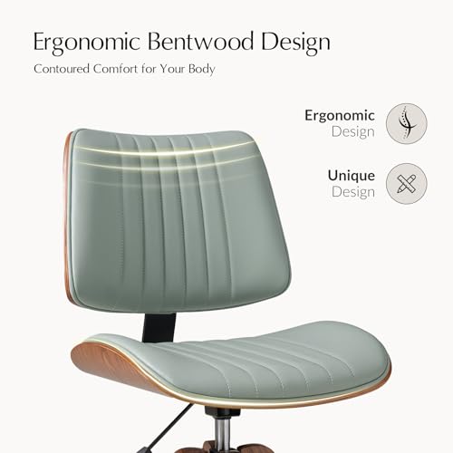 HULALA HOME Faux Leather Home Office Desk Chair No Wheels, Sage | Mid-Century Modern Desk Chair with Wood Legs, 360° Swivel Computer Task Chair with Channel-Tufted Backrest, Height Adjustable - color: Sage