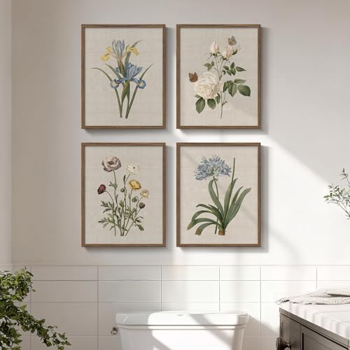Framed Vintage Floral Botanical Wall Art for Bathroom, 4 Piece 8x10 In | Farmhouse wall decor, Flower pictures, Rustic retro paintings, Ready to hang canvas prints, Kitchen bedroom home decor - color: Floral - Walnut Framed, size: 8" W x 10" H x 4 pcs