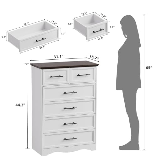 Farmhouse 6 Drawer Dresser, White Wood Chest of Drawers, 44" Tall Bedroom Storage Cabinet with Brushed Metal Handles, Closet Organizer for Bedroom, Living Room, Hallway - color: White, size: 15.7"D x 31.1"W x 44.3"H (6 Drawers)