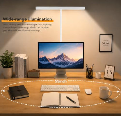 LED Desk Lamp with clamp, Remote Control Desk Lamp, 5 Color Modes & 10 Brightness Levels, 17'' Wide Light Bar, Eye Caring Gooseneck Desk Light, Adapter Included - color: White