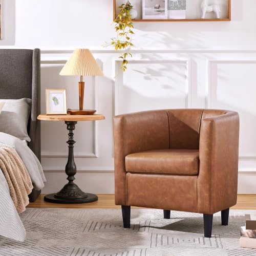 Yaheetech Barrel Accent Chair, Mid Century Armchair, Brown | Faux Leather Chair with High-Density Foam Seat, Upholstered Barrel Sofa Chair for Living Room Bedroom Waiting Room - color: Brown, size: Set of 1