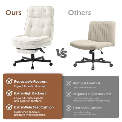 Criss Cross Chair with Wheels - Home Office Desk Chairs with Foot Rest, Morden Comfy Swivel Makeup Chair for Vanity, Ergonomic Cross Legged Office Chair with High Back & Wide Seat, White - color: White