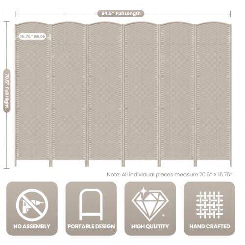 6 Panel Folding Room Divider,Woven Privacy Screen,Beige | Solid wood frame, handcrafted diamond pattern, 6FT tall, extends to 94.5 inches wide, no assembly required - color: Beige, size: 6-Panel