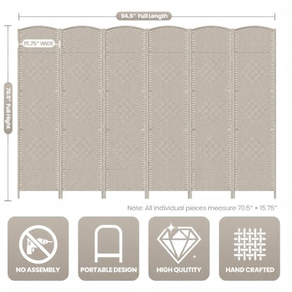 6 Panel Folding Room Divider,Woven Privacy Screen,Beige | Solid wood frame, handcrafted diamond pattern, 6FT tall, extends to 94.5 inches wide, no assembly required - color: Beige, size: 6-Panel