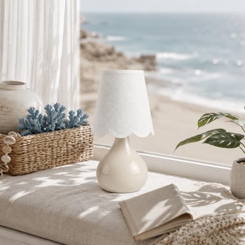 12" Beige Ceramic Table Lamp, Small Plug-in Bedside Lamp with Linen Shade, E26 Socket, 6FT Cord & Rocker Switch, Coastal Accent Lamp for Bedroom Nightstand, Living Room, Dorm