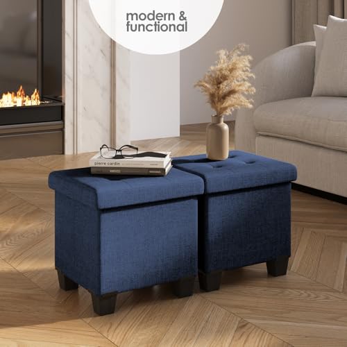 Storage Ottoman Cube with Small Bin, 15-in Square Ottoman with Storage for Living Room and Bedroom, Small Ottomans Foot Rest, Fabric Foot Stools Ottomans Max 330lbs, Blue - color: 05 - Blue