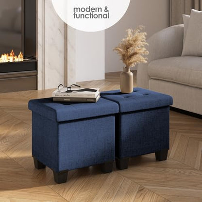 Storage Ottoman Cube with Small Bin, 15-in Square Ottoman with Storage for Living Room and Bedroom, Small Ottomans Foot Rest, Fabric Foot Stools Ottomans Max 330lbs, Blue - color: 05 - Blue
