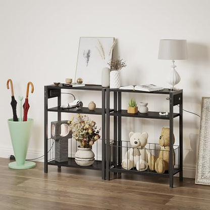 TRIFEBLE Narrow Side Table with Charging Station, Small End Table for Small Spaces, Slim Nightstand with Storage Basket, 3 Tier Skinny Bedside Table for Living Room, Bedroom, Black - color: Black