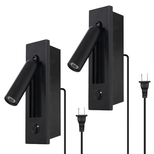 Set of 2 Led Headboard Wall Light, 350°Rotation Portable Plug in Wall Sconce Hardwired, Bedside Reading Light Recessed Push Switch, Hotel Bed Side Decor Wall Sconces Spotlight (Matt Black) - color: Matt Black