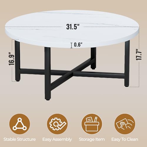 Round Coffee Table, 31.5" White Coffee Table, Coffee Tables for Living Room | Circle Wooden Coffee Table, Large Modern Center Table with Metal Frame for Office Apartment Home Small Space - color: 31.5"d Round White