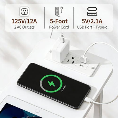 Narrow End Table with Charging Station, Narrow Side Table with Drawer, Small Nightstand with LED Light, Skinny Nightstand, Small Bedside Table for Living Room, Bedroom, Couch, White - color: White, size: 7.9" W x 18.9" D, style: Power + Light
